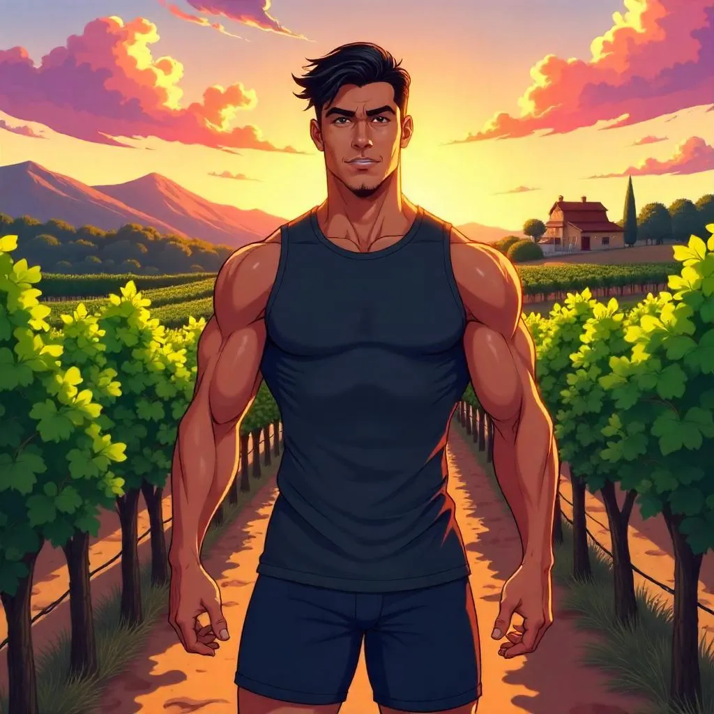Athletic Latino in a Vineyard — Anime Style