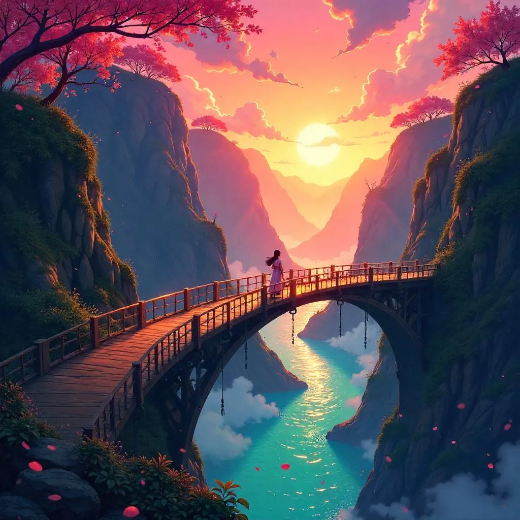 Sunset Over an Anime Canyon Bridge