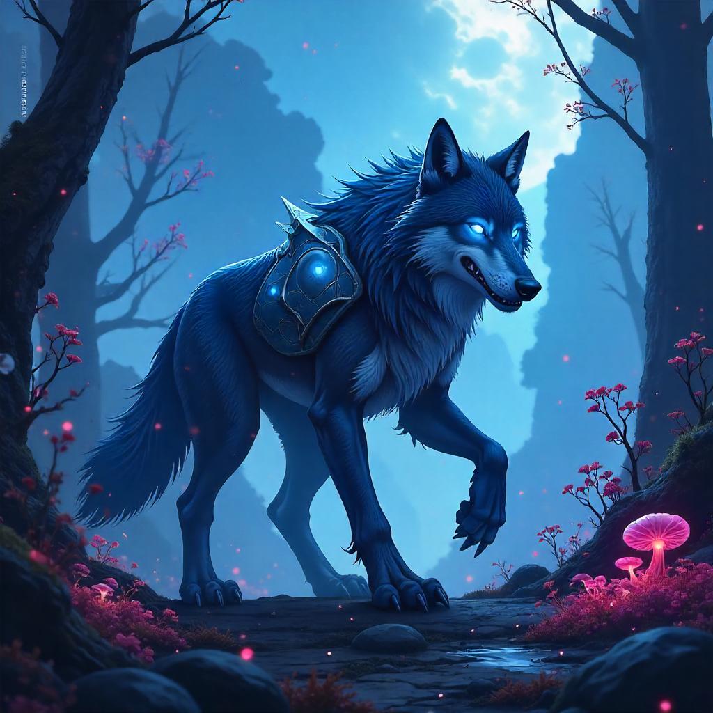 Luminous Wolf Warrior in a Neon Game World