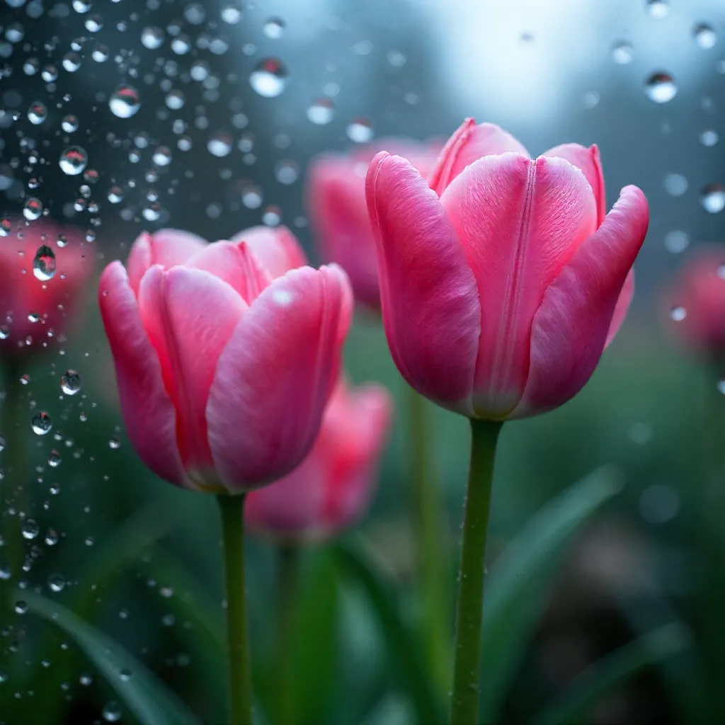 Rainy Window Close-Up: Pink Tulips