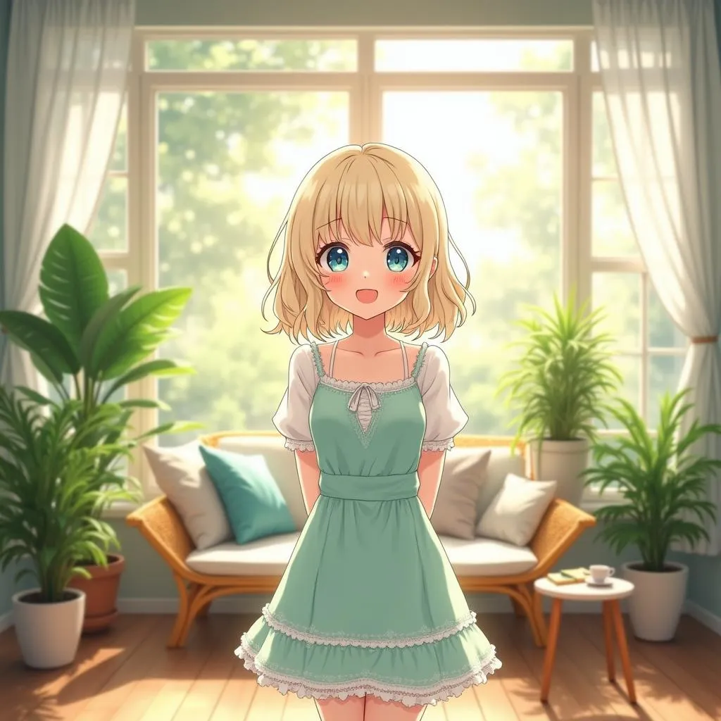 Cheerful Anime Girl in a Sunlit Sunroom