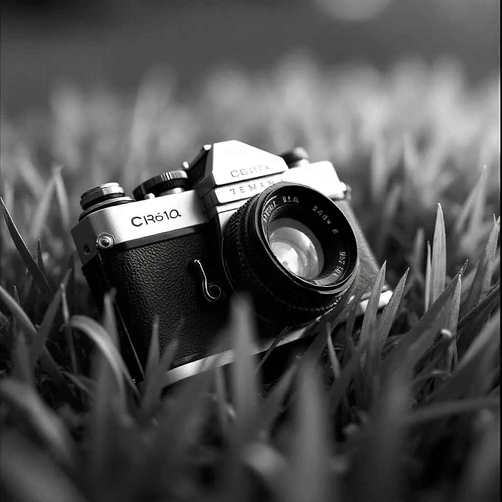 On Grass: A Vintage Black-and-White Camera