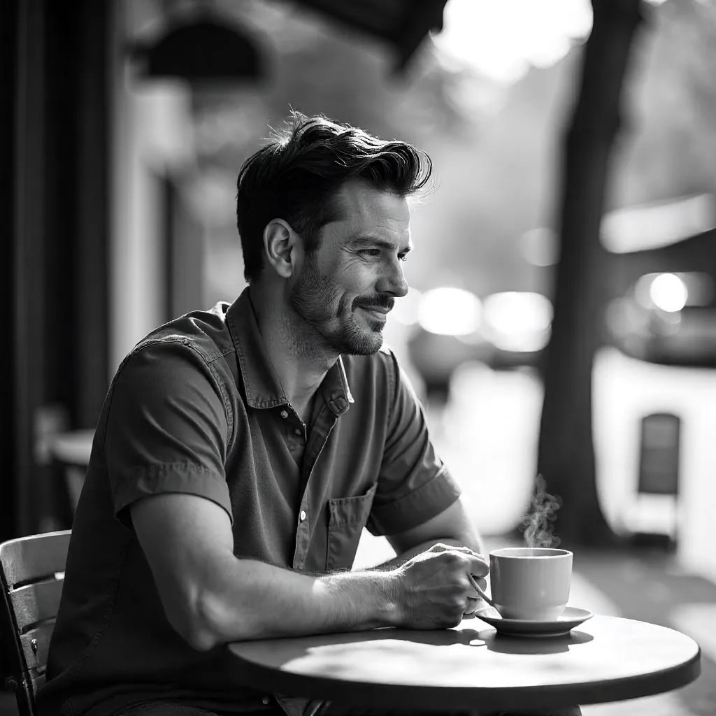 Relaxed Black-and-White Outdoor Portrait of a Man Sipping Coffee