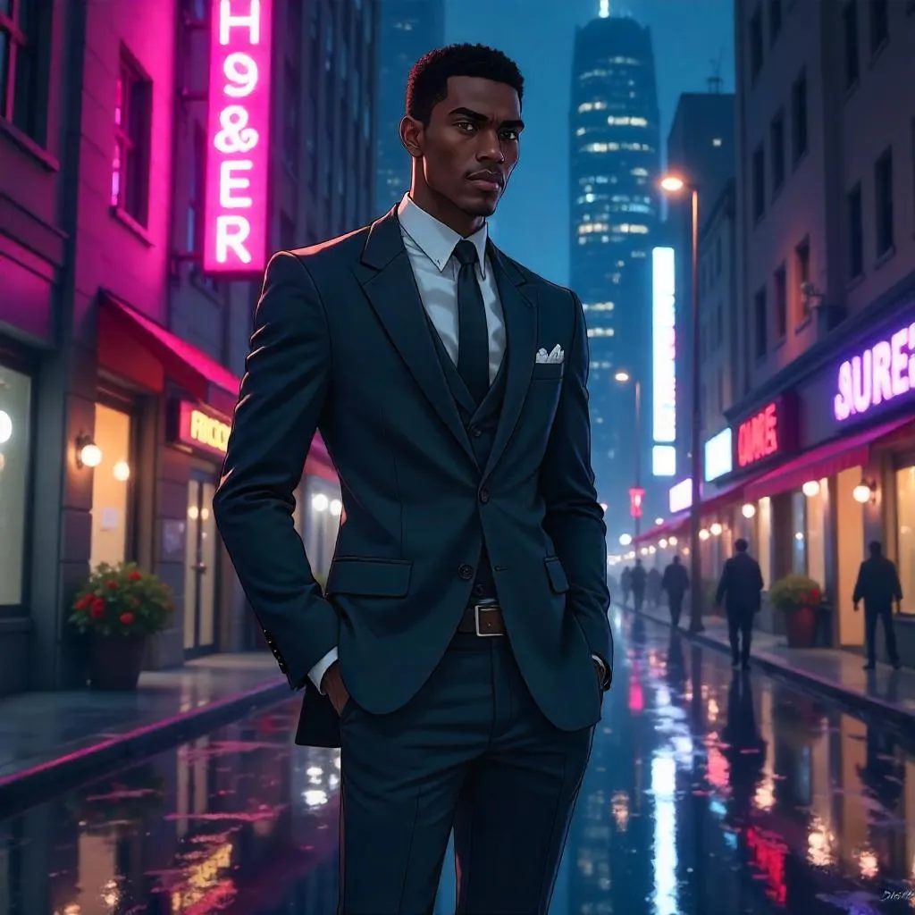 Elegant Black Man in Neon City — Anime Style