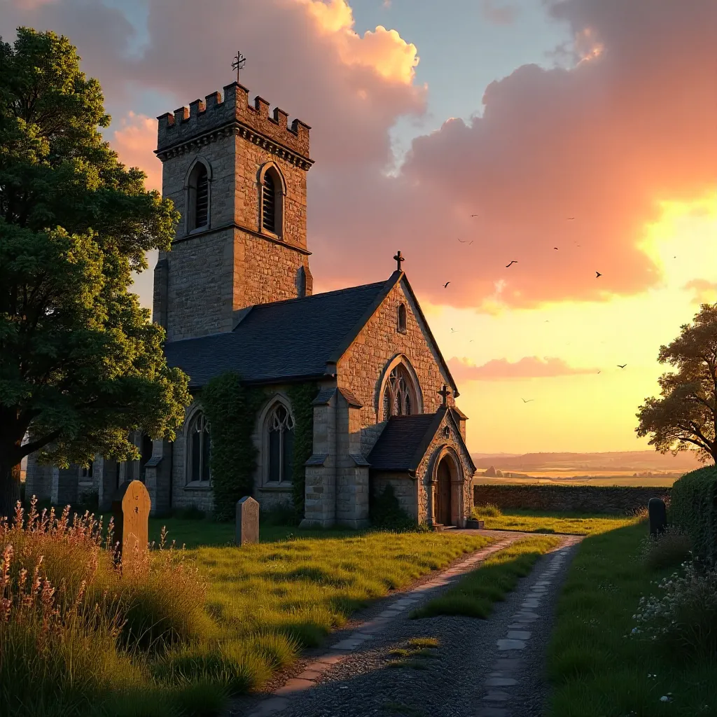 Sunset over Aldwark's Historic Church