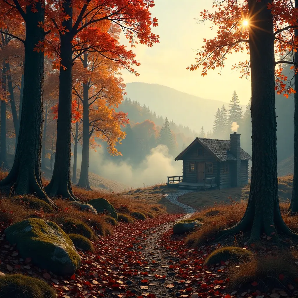 Serene Autumn Forest with Fog and Cabin