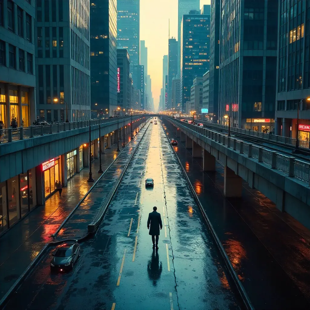 Aerial Solitude Over Neon City Streets