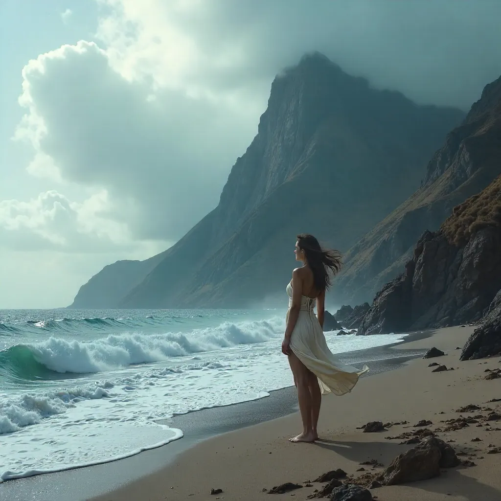 Woman by Ocean, Mountain under Cloudy Skies