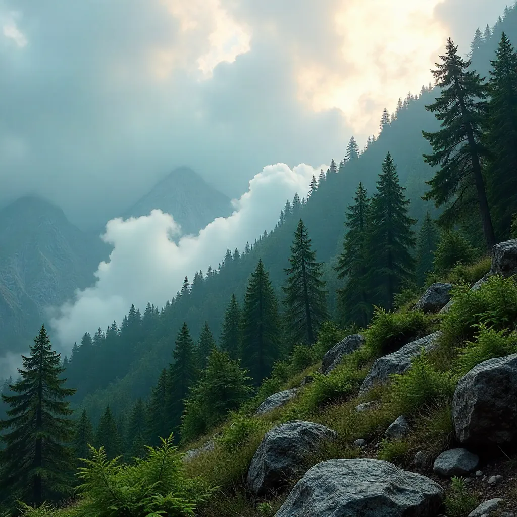 Mist-Blanketed Slopes: Greenery and Clouds