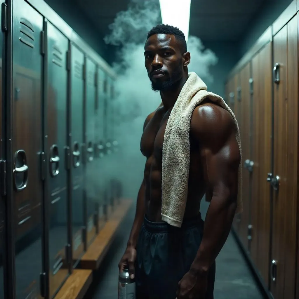 Photorealistic Locker Room Portrait: Handsome Black Man
