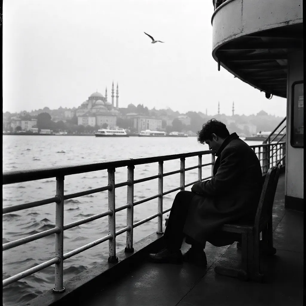 Lone Figure on a Bosphorus Ferry in Mono