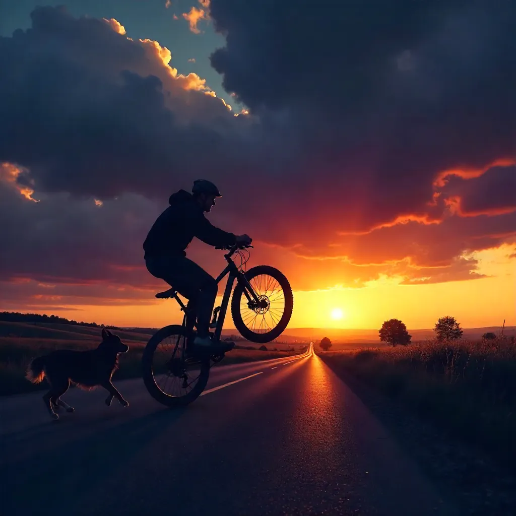 Dusk Silhouette: Cyclist Wheelie with a Running Dog