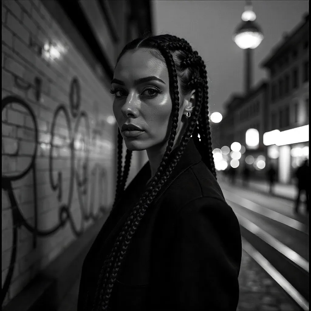 Berlin Noir: Braided Woman in High-Contrast Monochrome
