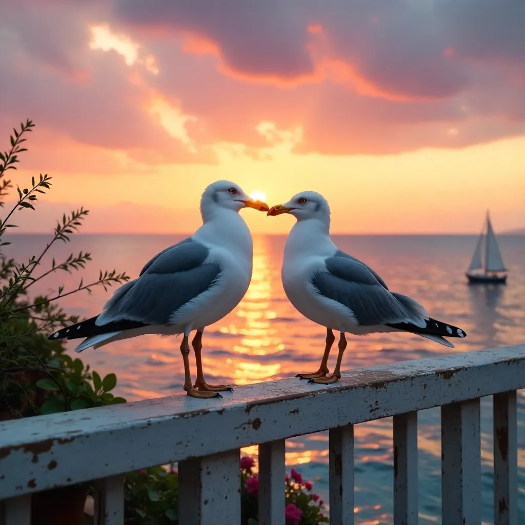 Two Seagulls on a Sunset Seaside Balcony