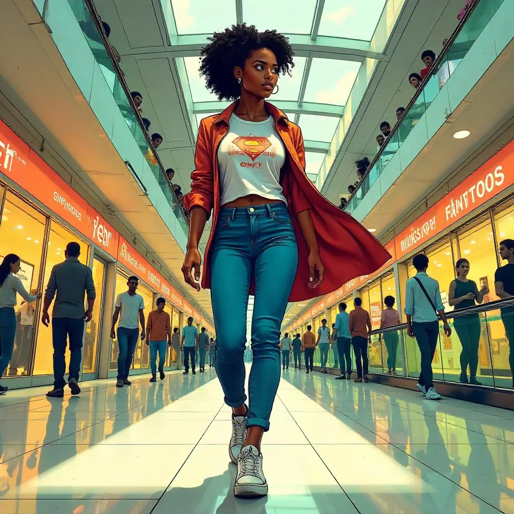 Dynamic Comic Heroine in a Bustling Mall