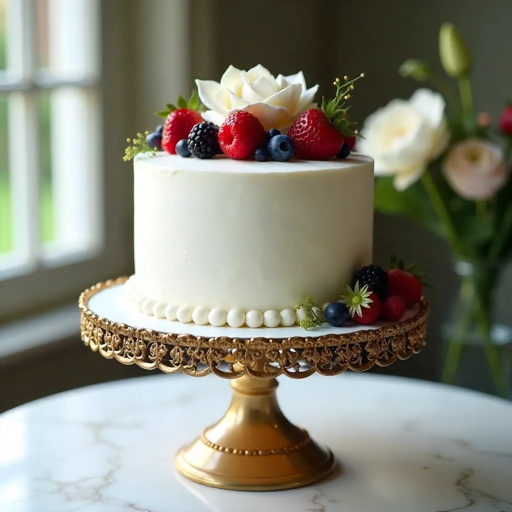 Elegant White Cake on Ornate Stand with Berries