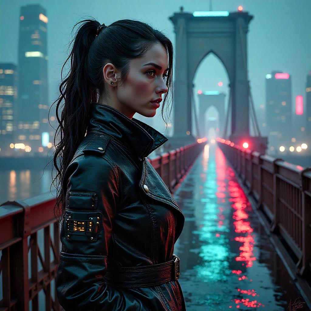 Cyberpunk Beauty on a Neon Drawbridge