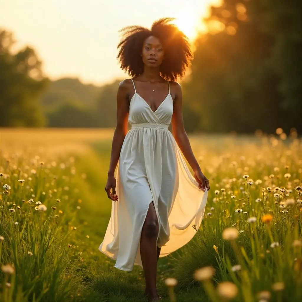 Meadow Portrait: Photorealistic Young Black Woman in Sunlit Field