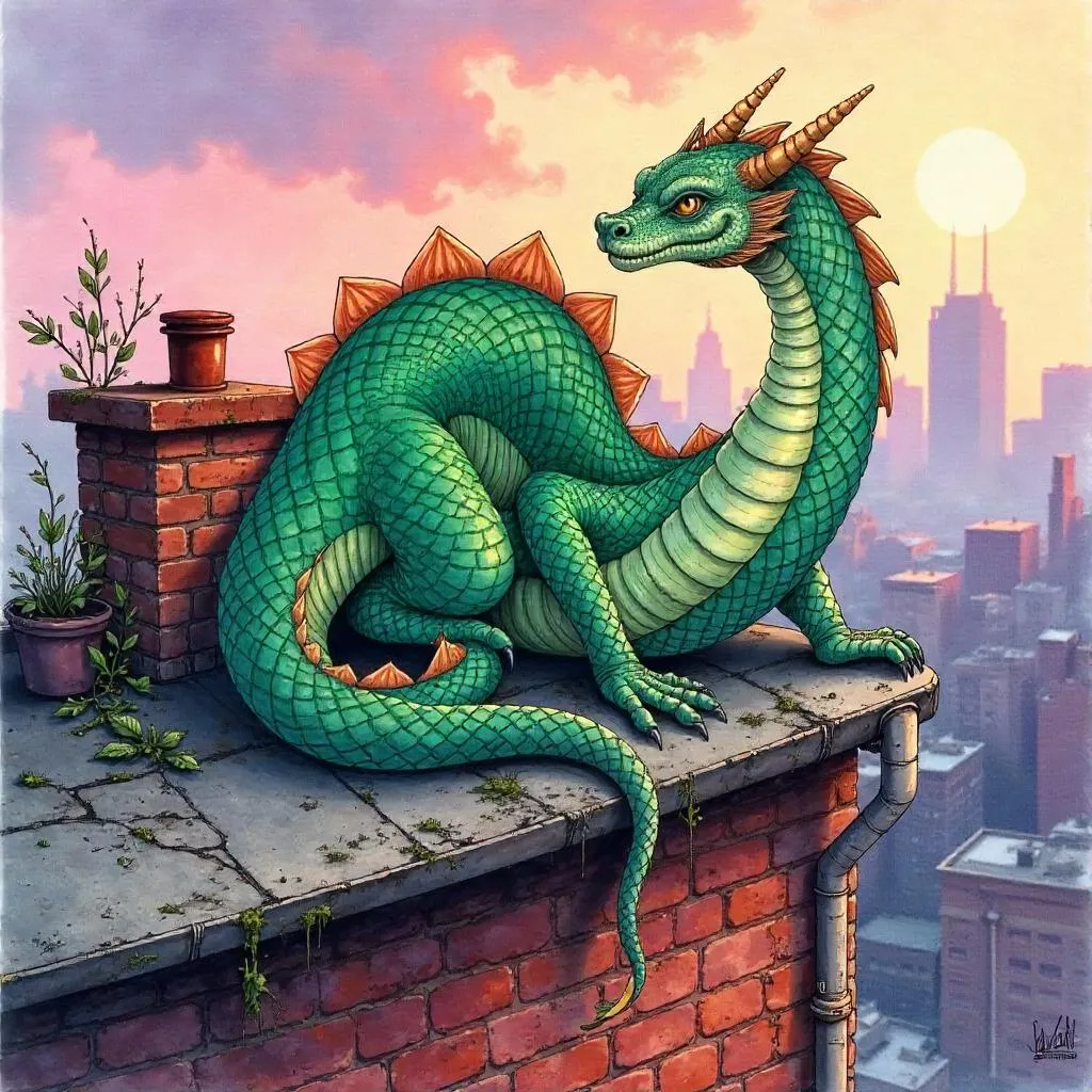 Hydra on a Rooftop in Watercolor