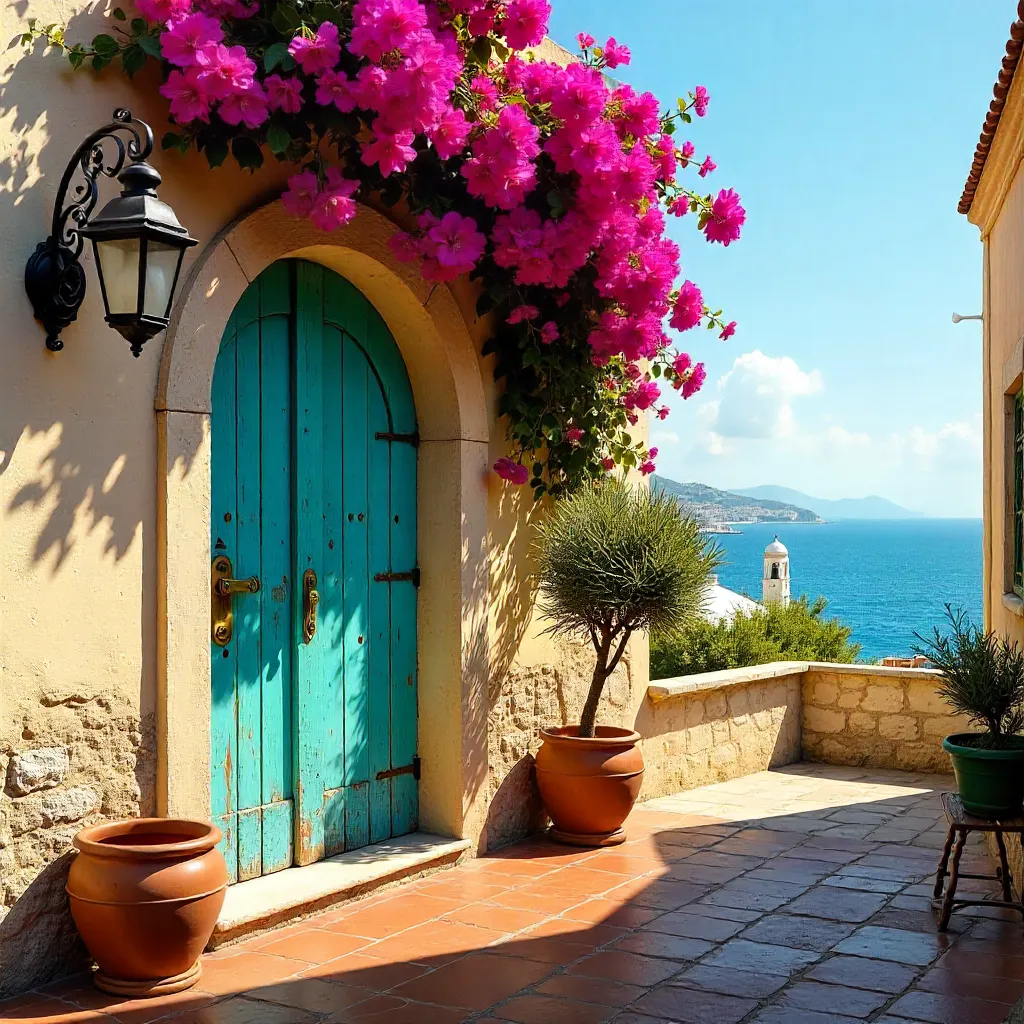 Mediterranean İzmir Doorway with Bougainvillea