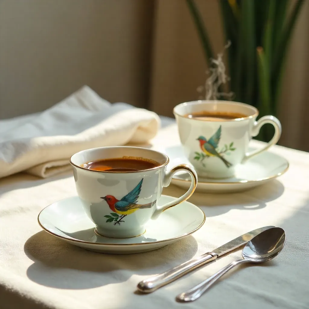 Bird-Themed Coffee Cups on an Elegant Table Setting