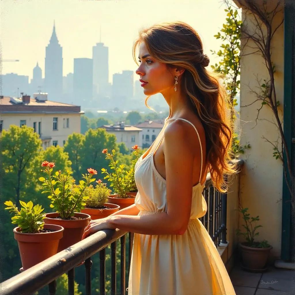 Oil painting of a young Caucasian woman on a sunlit balcony