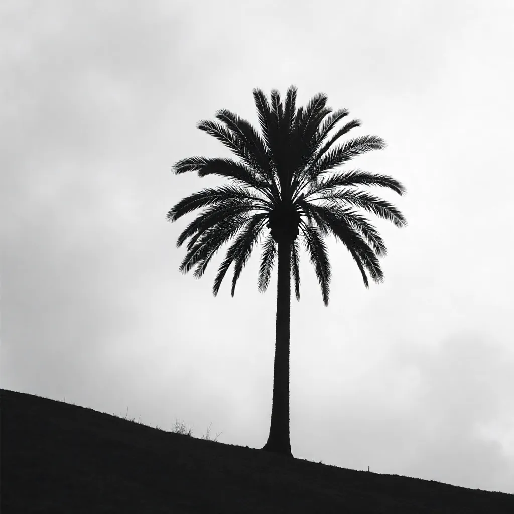 Lone Palm Silhouette Against the Sky in Black and White