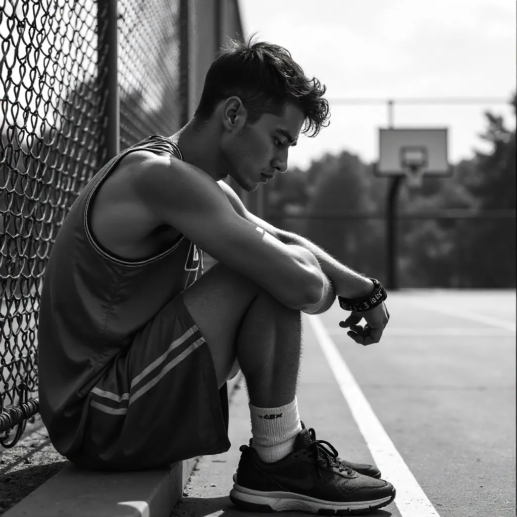 Contemplative Young Athlete on an Outdoor Court