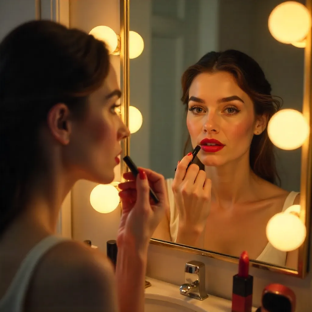 Confident Young Woman Applying Red Lipstick in Mirror