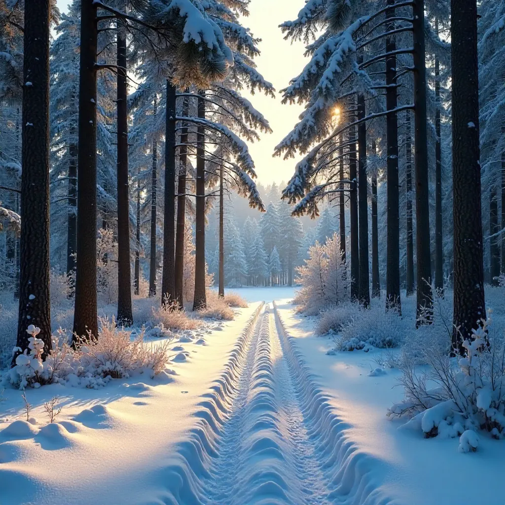 Snow-Covered Path Through a Jönköping Pine Forest
