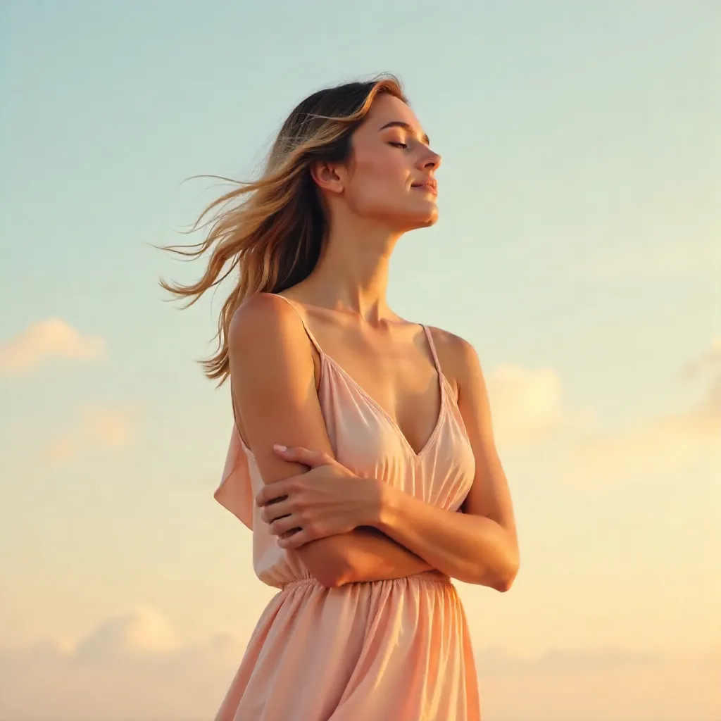 Serene Self-Embrace Portrait with Minimal Sky