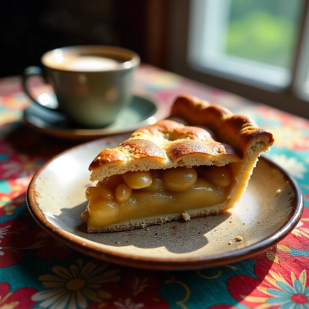 Apple Pie Slice with Espresso on Colorful Cloth