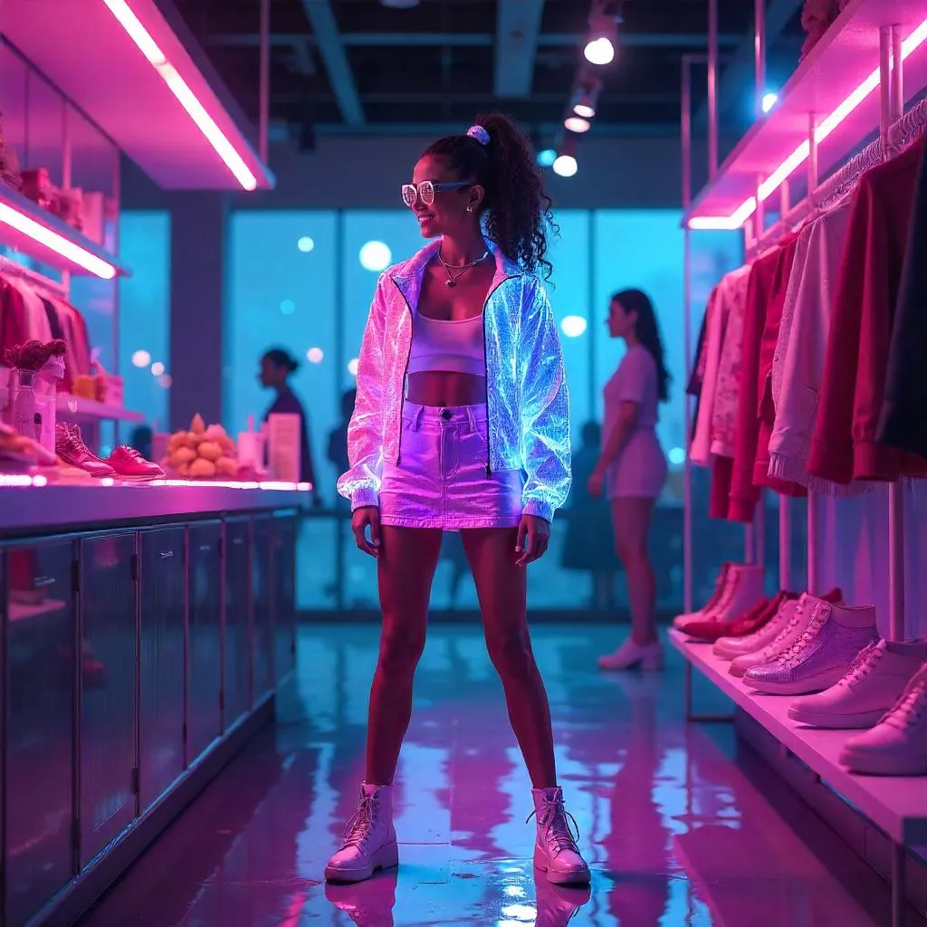 Cheerful Latina in a Neon Cyberpunk Boutique