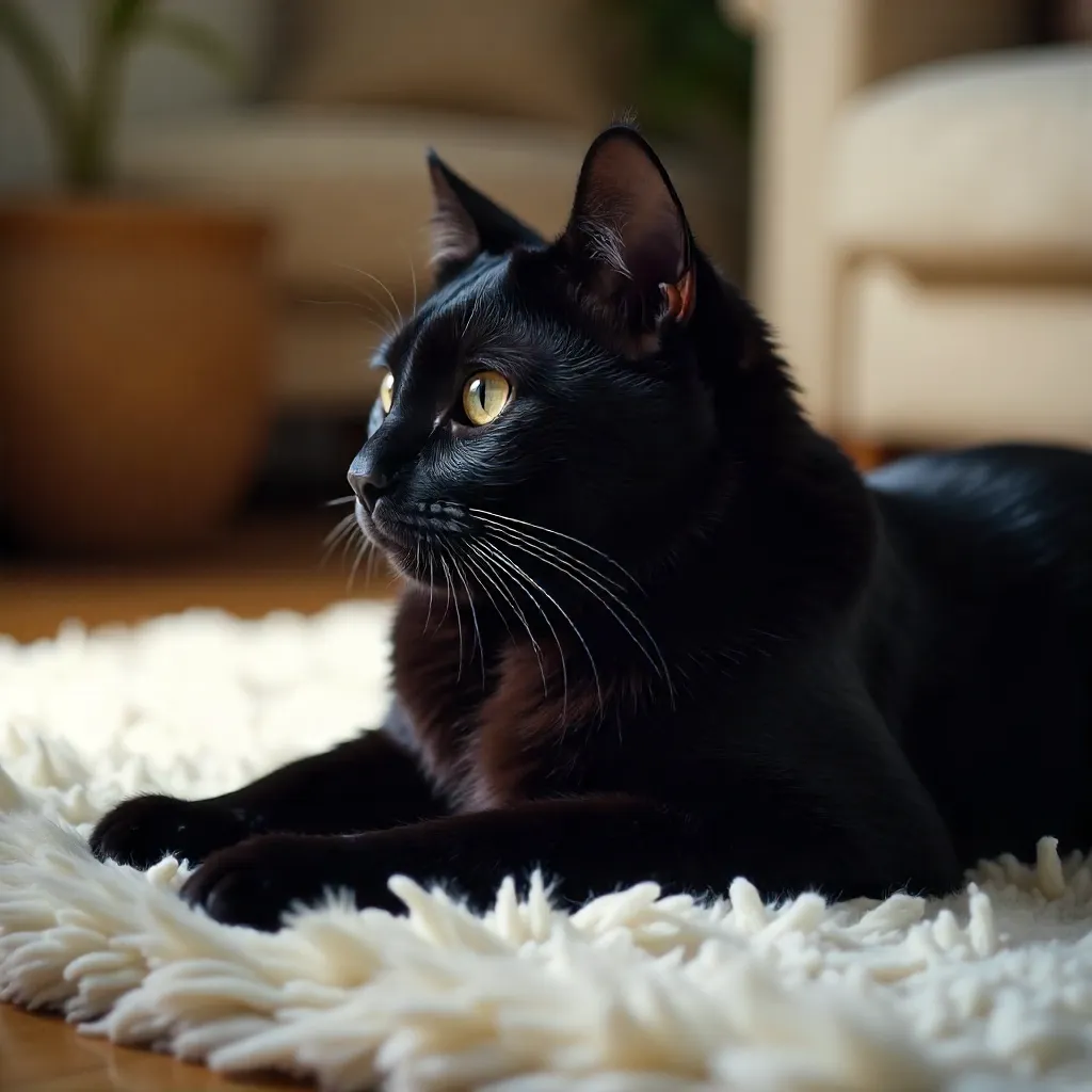 Close-Up: Black Cat Relaxing on Plush Indoor Rug