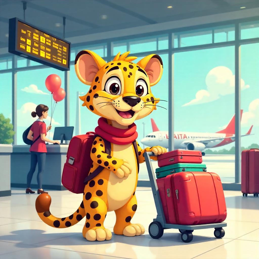 Cheerful Cartoon Leopard at the Airport