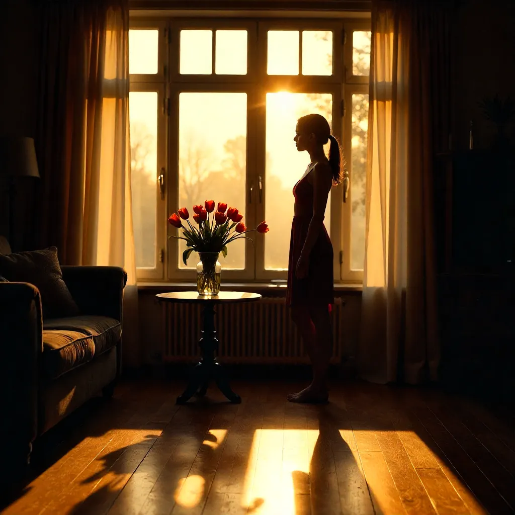 Golden Hour Silhouette: Woman and Tulips Indoors