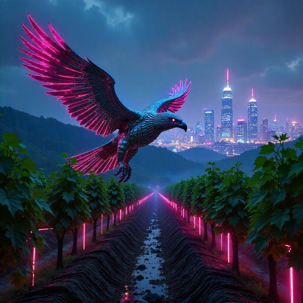Cyberpunk Thunderbird over Neon Vineyard