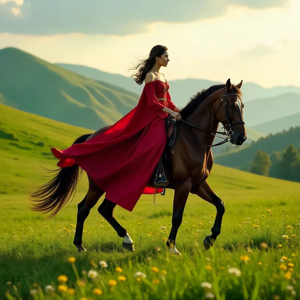 Graceful Red Attire Rider on Horse in Grassland
