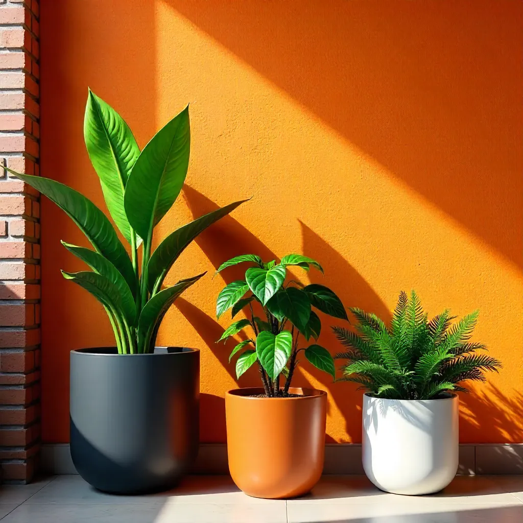 Three Potted Plants Against an Orange Brick-Textured Wall