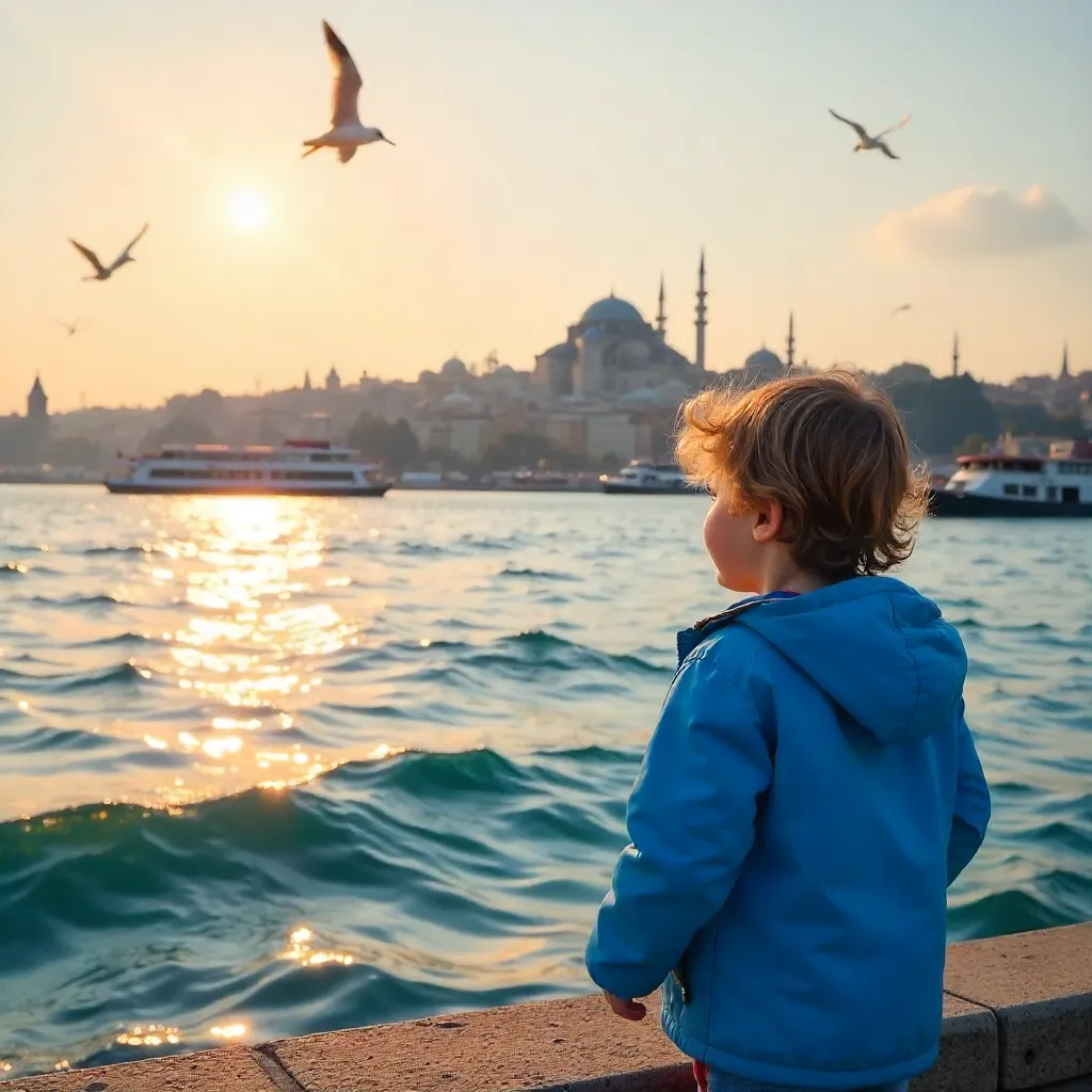 Blue-Jacketed Child Gazes at Istanbul's Bosphorus Skyline