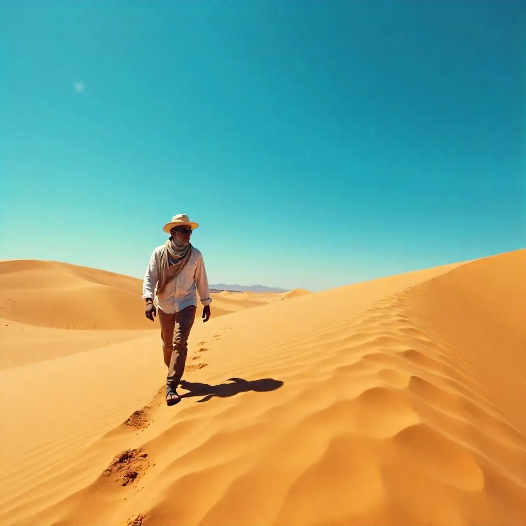 Lone Traveler Across a Sunlit Desert Dune
