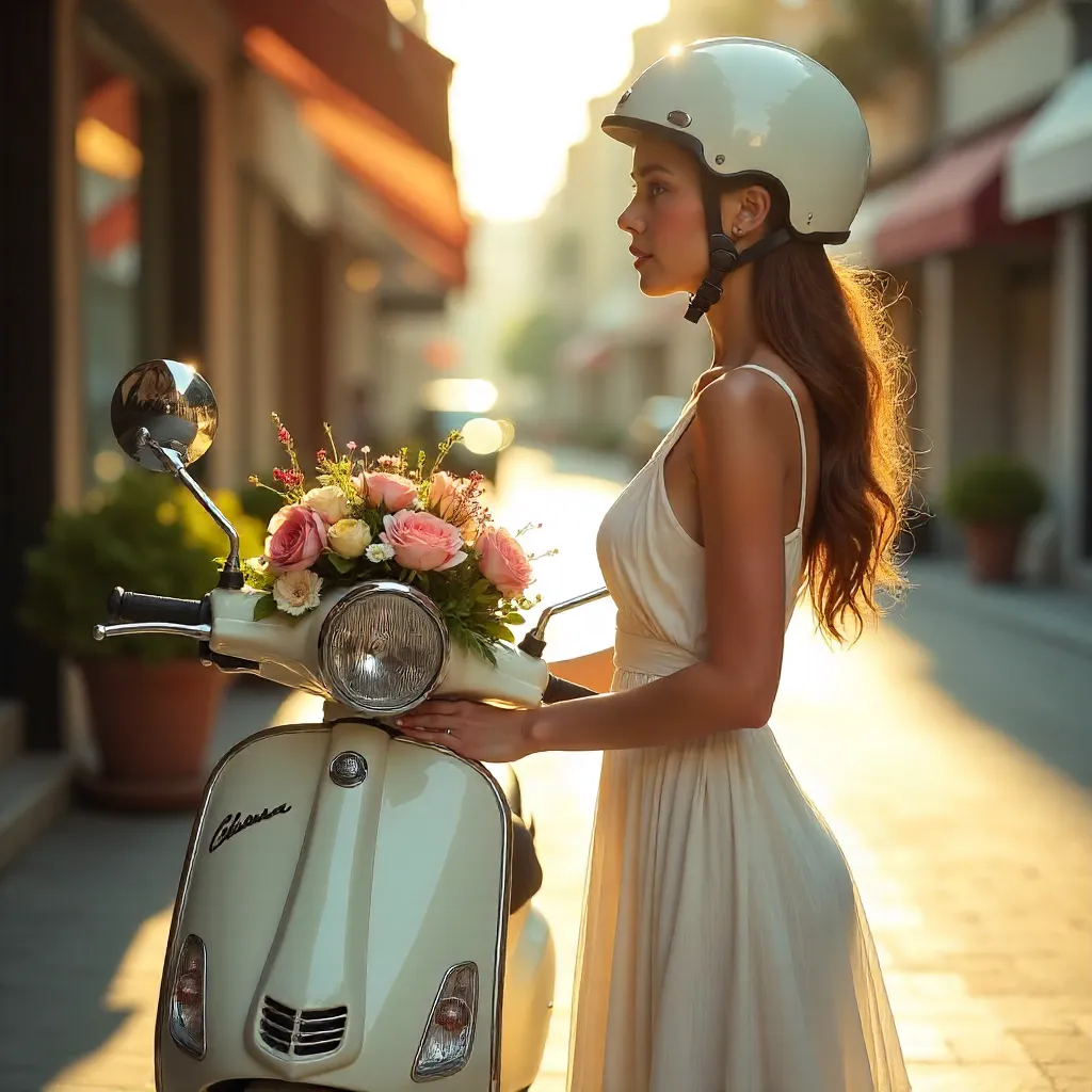 Woman in White Dress by Scooter with Flowers