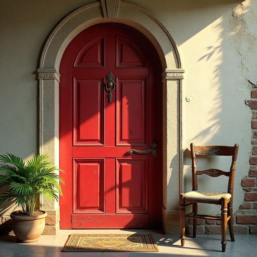 Elegant Red Arched Door with Ornate Details and Rustic Chair