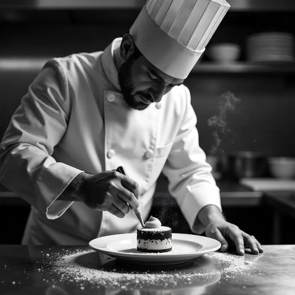 Monochrome Pastry Chef Decorating Dessert