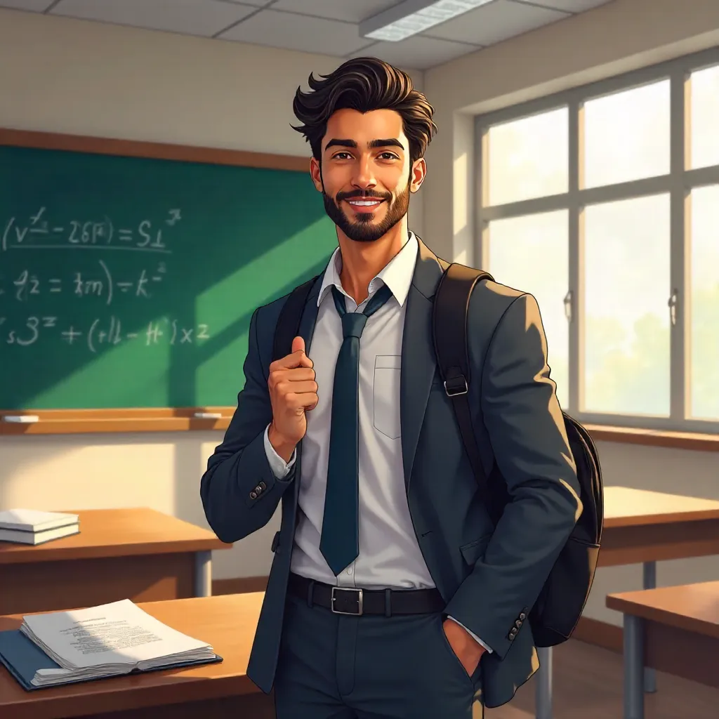 Handsome Middle Eastern Man in an Anime College Classroom