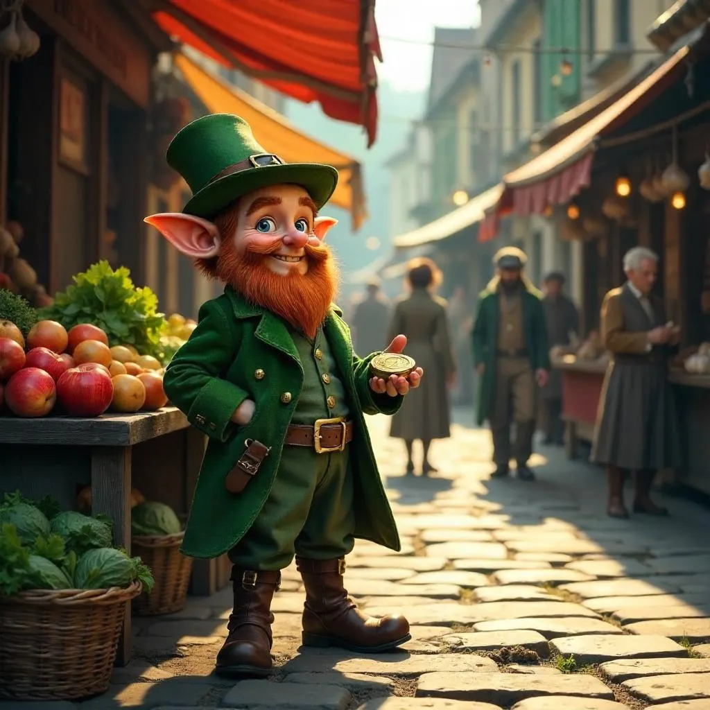 Photoreal Leprechaun in a Bustling Market