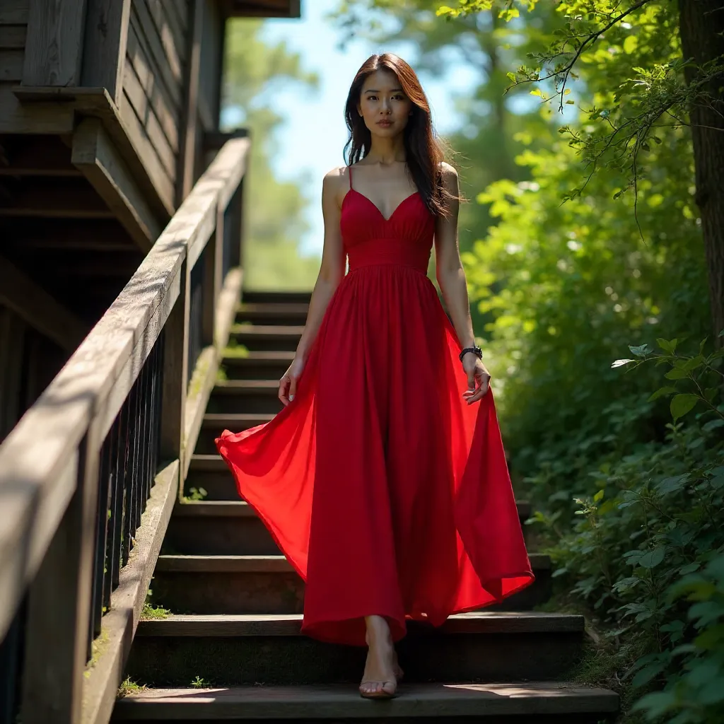 Woman in Red Dress on Rustic Outdoor Staircase