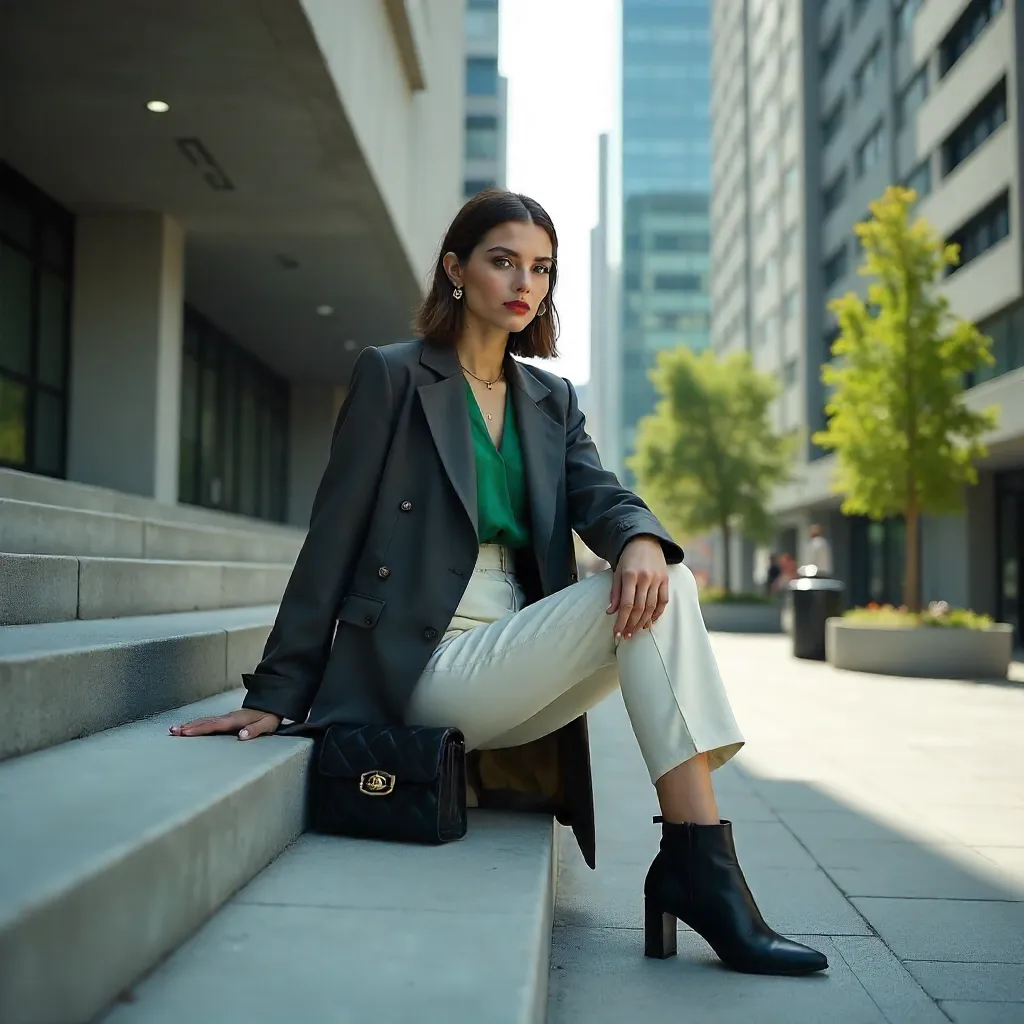 Urban Chic: Fashionable Woman on Modern City Steps