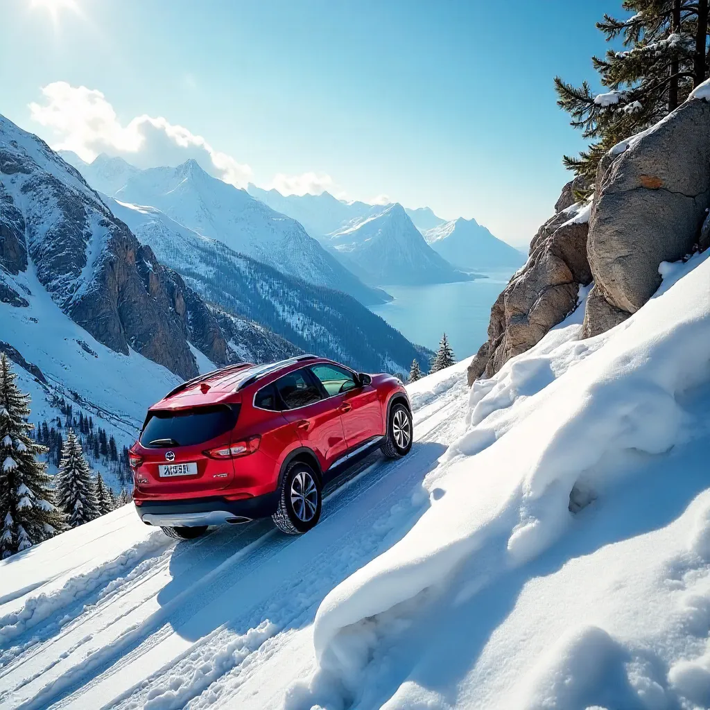 Red SUV Climbs Snowy Slope in Trabzon, Türkiye