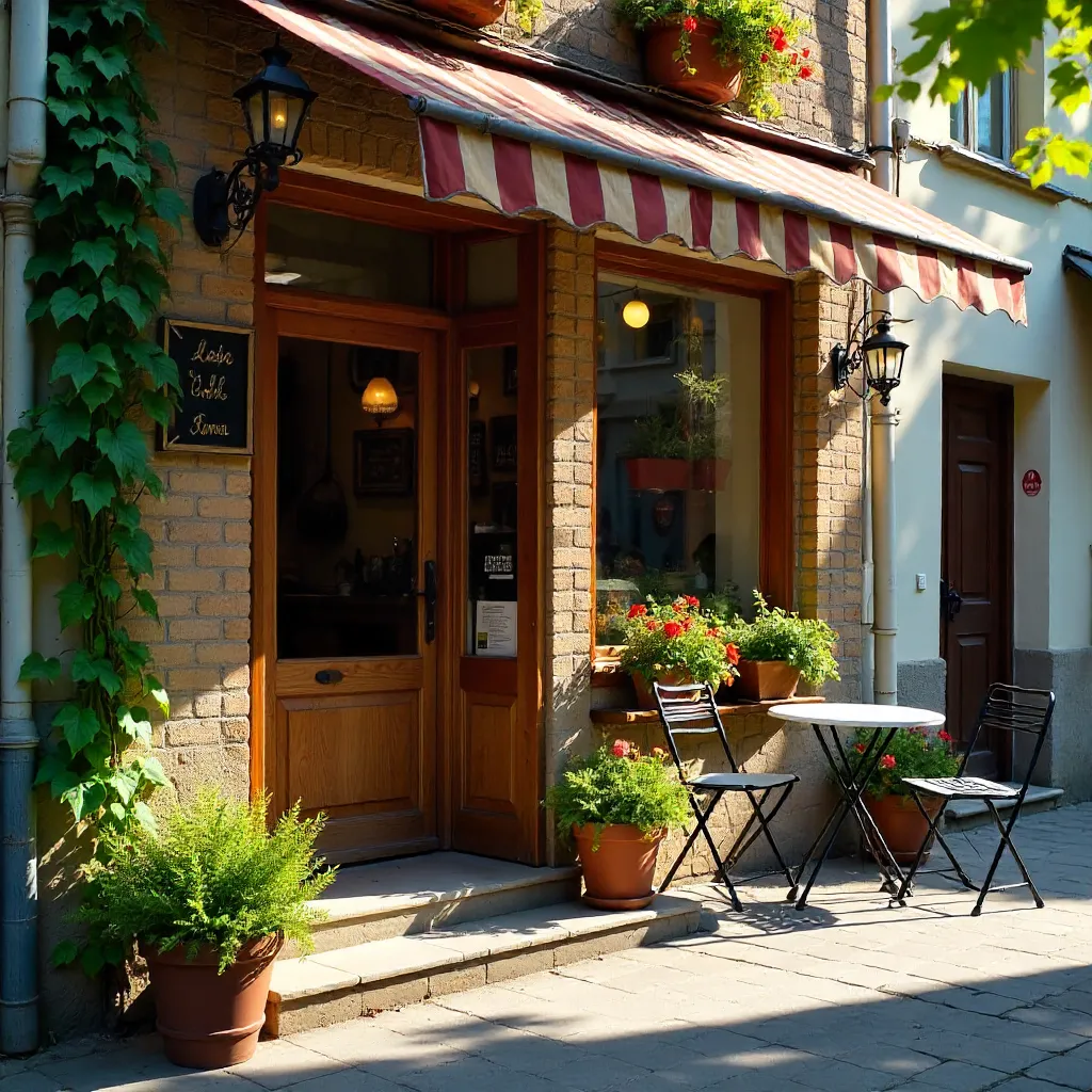Cozy Ukrainian Café Entrance with Flowers and Greenery